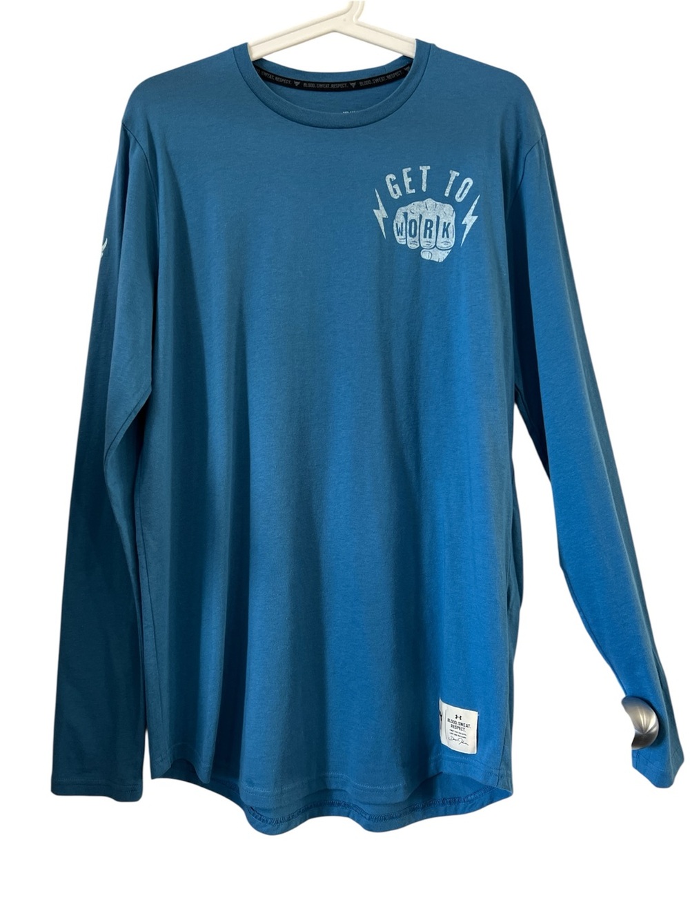 Under Armor Blue Long Sleeve Tee with 'Get To Work' Graphic